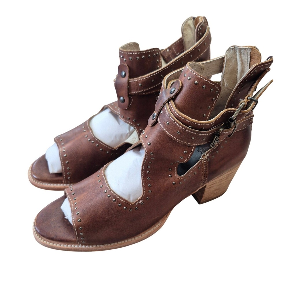 Freebird by Steven Cosmic Brown Leather Studded Peep Toe Booties Sandals Size 10
